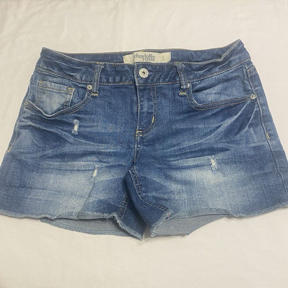 Charlotte Russe Denim Shorts Womens Size 6 Blue Distressed Low Rise Y2K Stretch